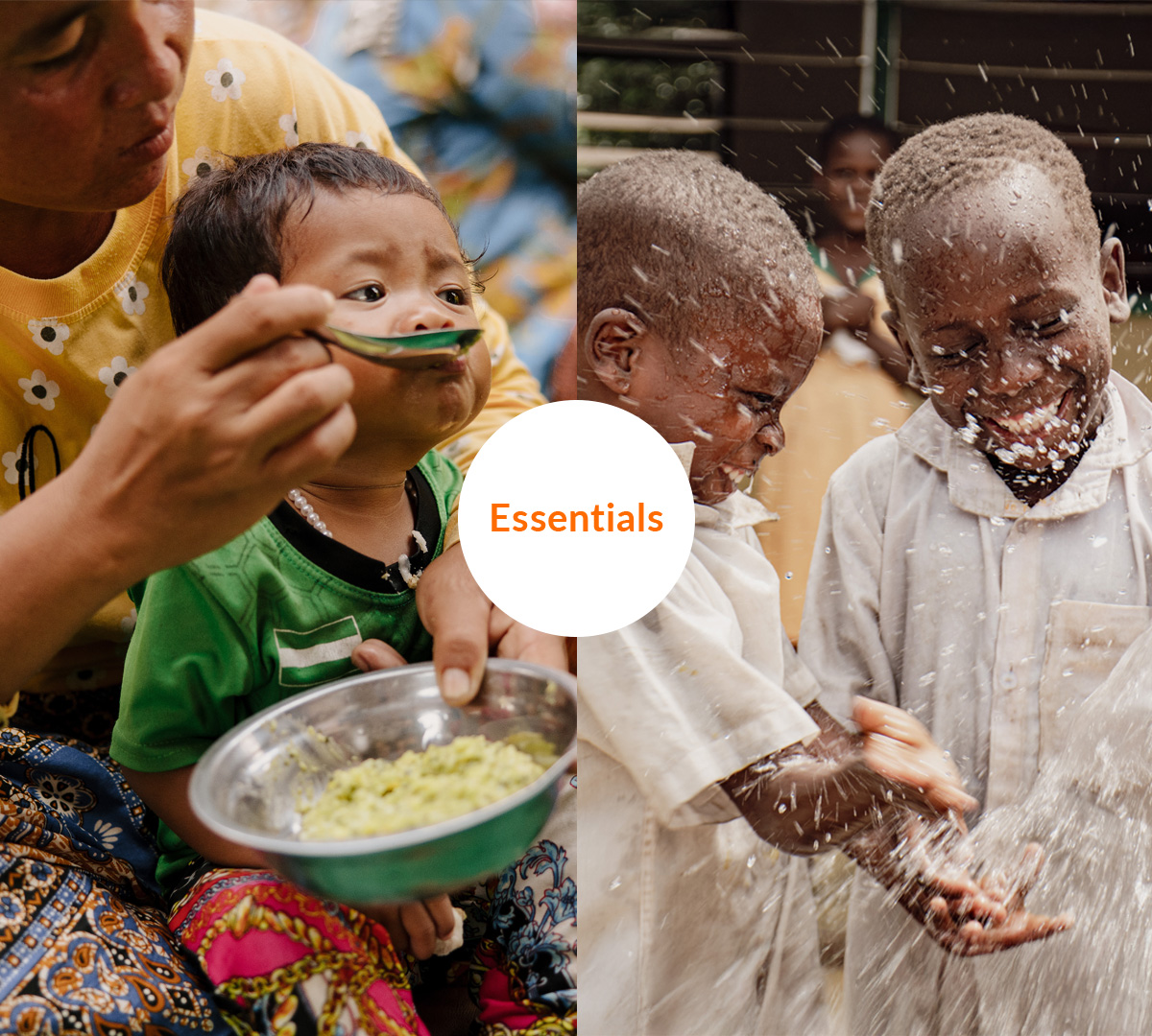 Two images, one woman feeding a child and one child at a water tap