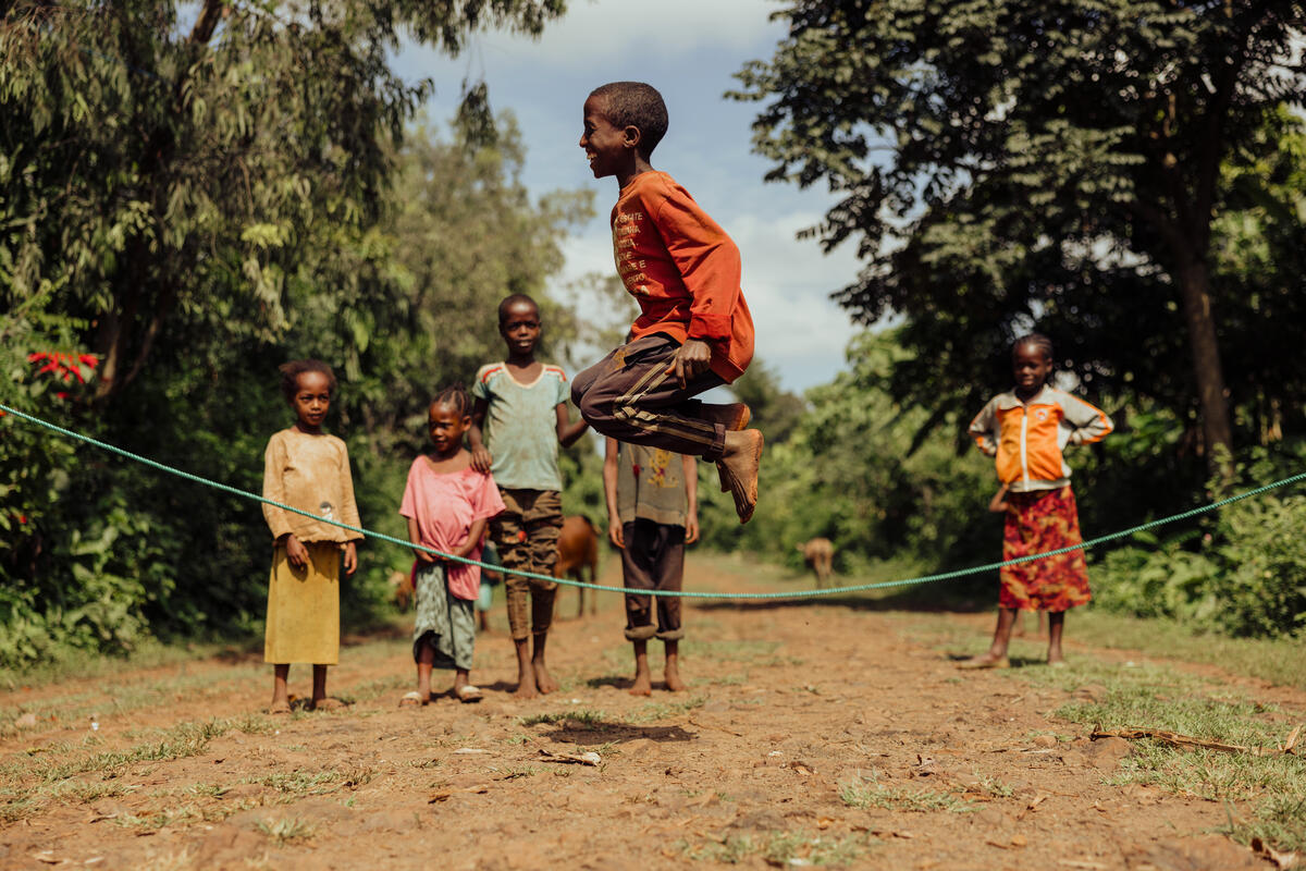 A group of children jumping ropes, in Abaya community, Ethiopia. 