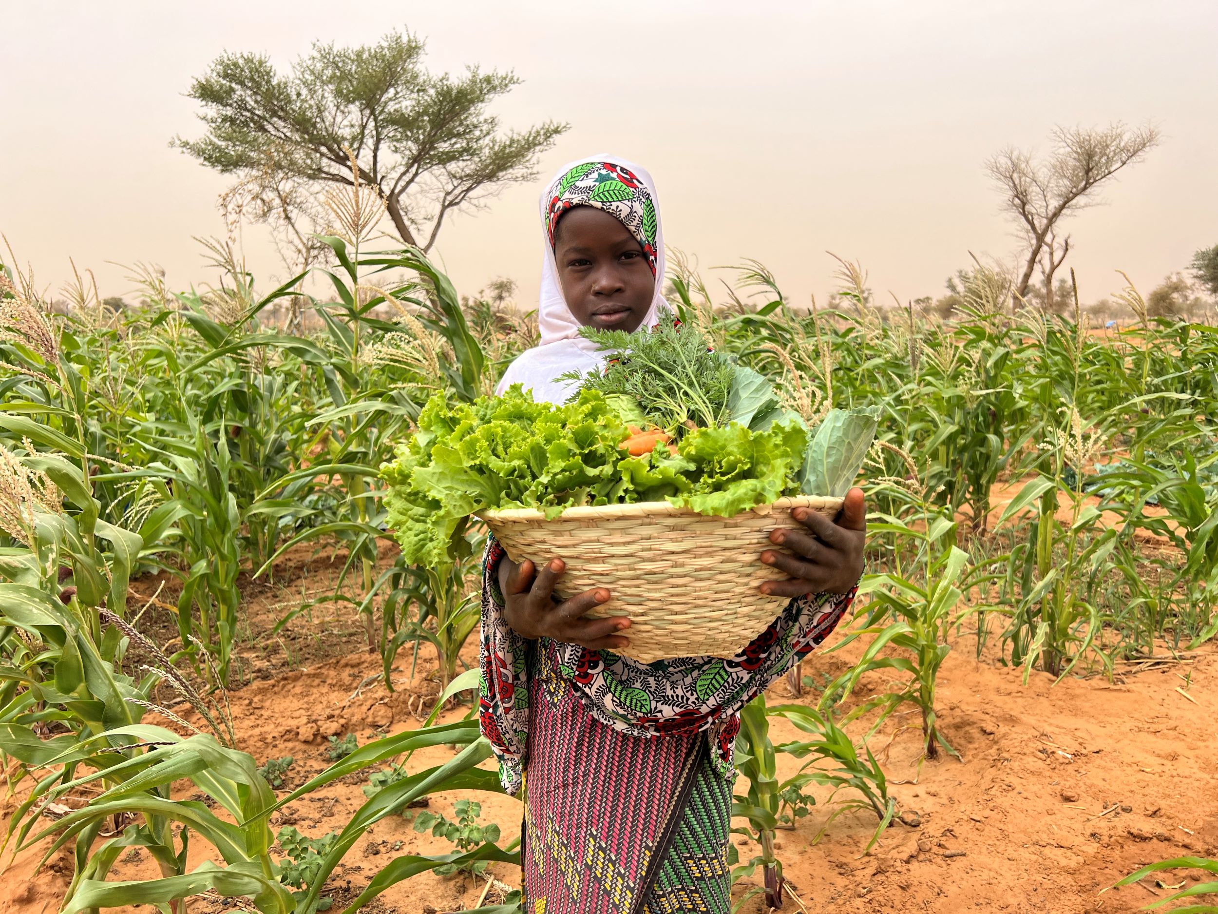 Girl wearing headscarf holds basket of green produce in a field of green